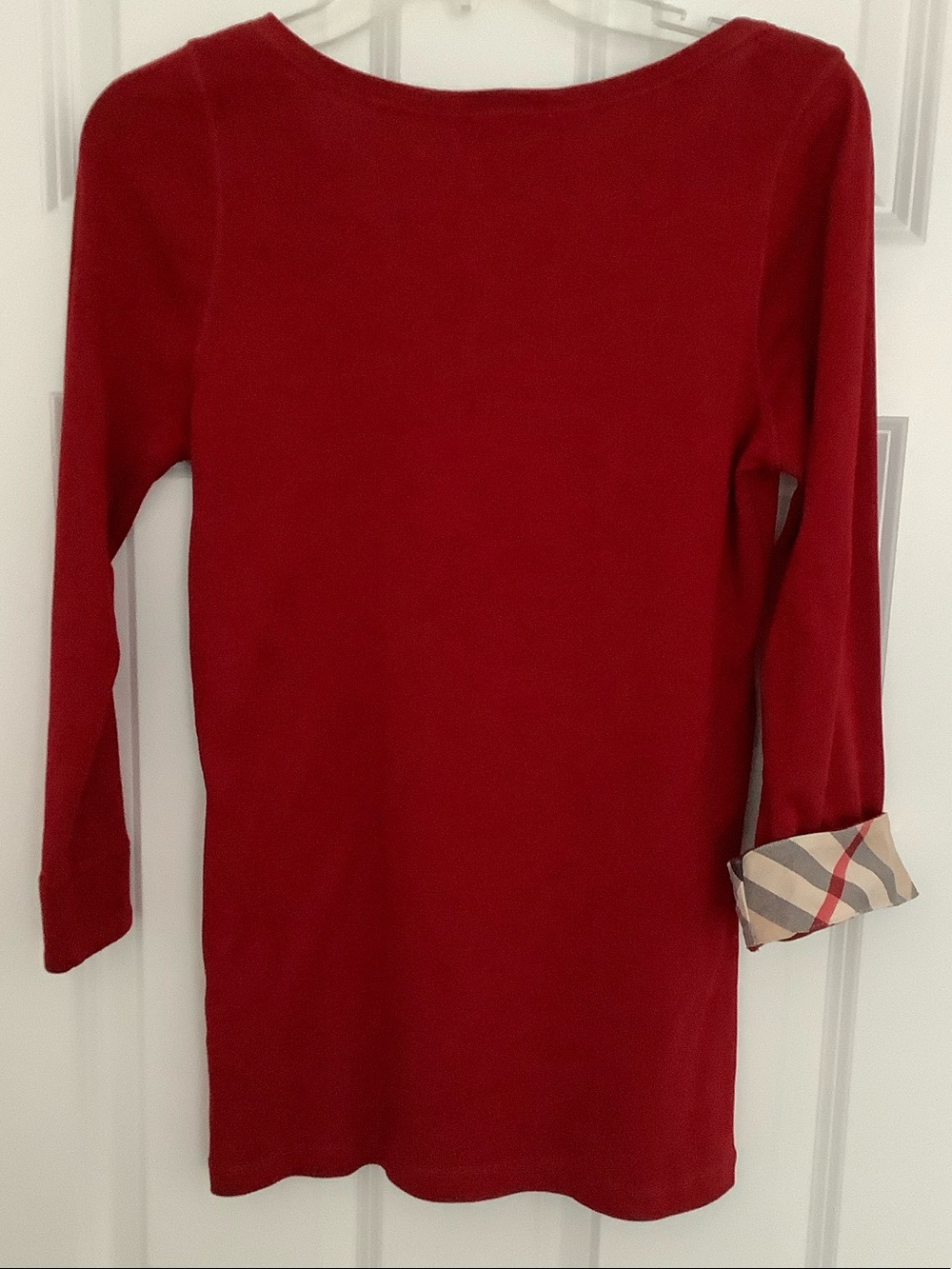 Burberry Red Long-Sleeve Scoop Neck Top with Plaid Trim - Picture 4 of 8